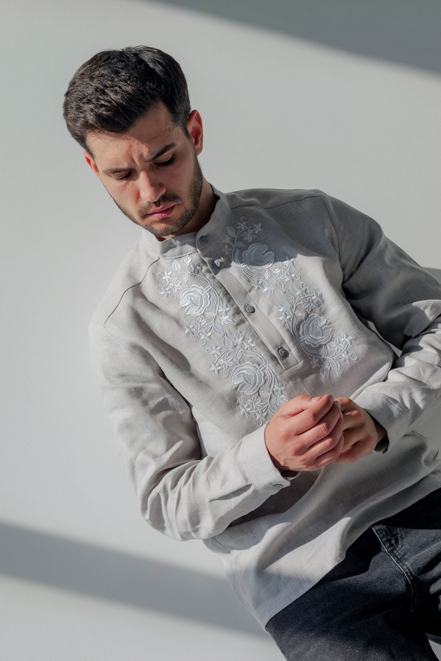 Gray Linen Embroidered Ukrainian Vyshyvanka Shirt for Men