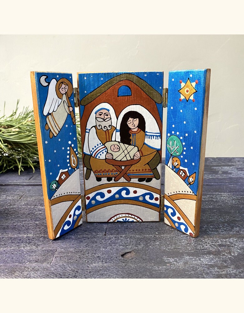 Hand-Painted Wooden Pot with Holy Family for Mother's Day and Easter