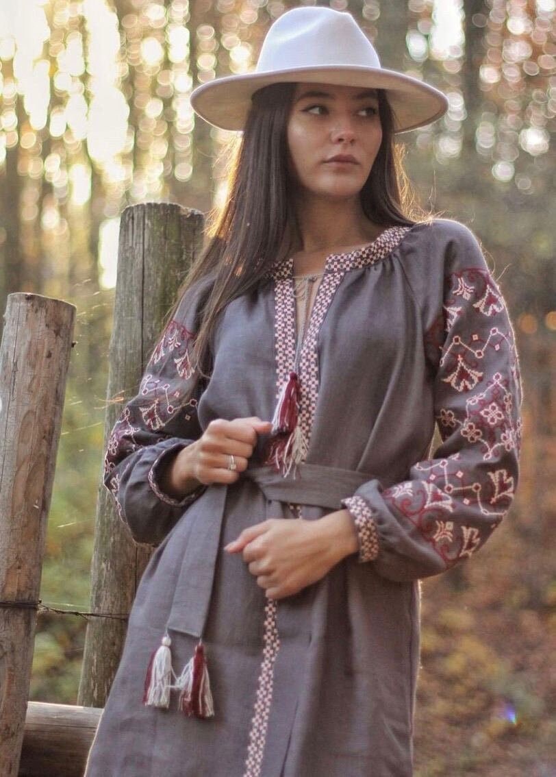 Gray Ukrainian Vyshyvanka Dress - Embroidered Women's Fashion