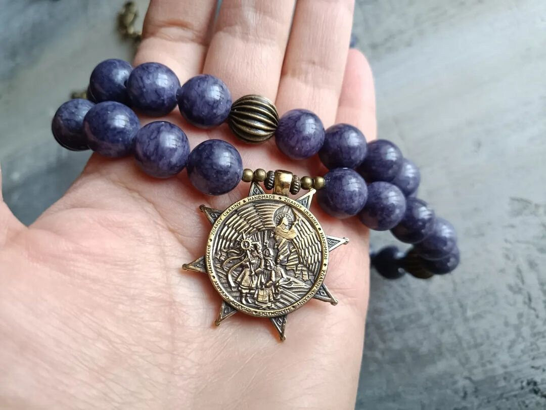 Purple Ukrainian Traditional Multilayer Necklace - Handmade Ethnic Ceramics Jewelry