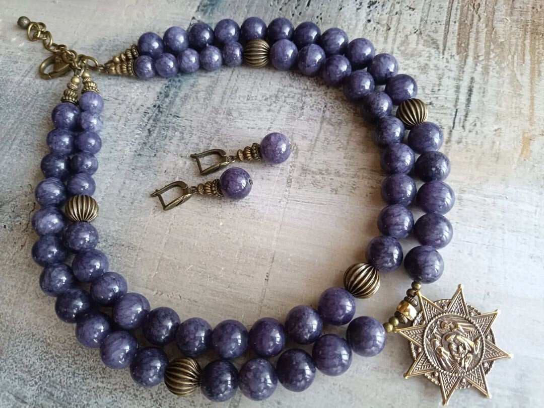 Purple Ukrainian Traditional Multilayer Necklace - Handmade Ethnic Ceramics Jewelry