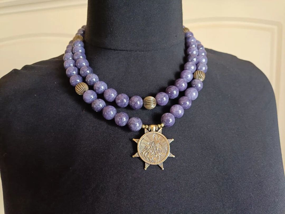 Purple Ukrainian Traditional Multilayer Necklace - Handmade Ethnic Ceramics Jewelry