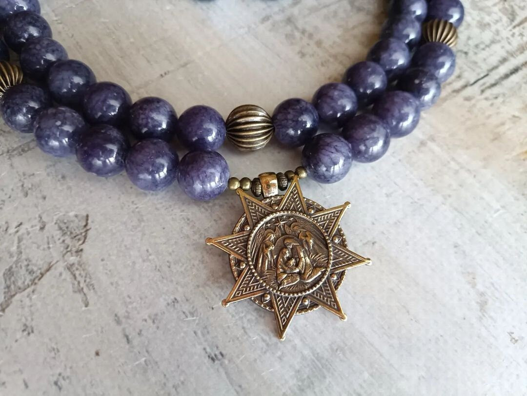 Purple Ukrainian Traditional Multilayer Necklace - Handmade Ethnic Ceramics Jewelry