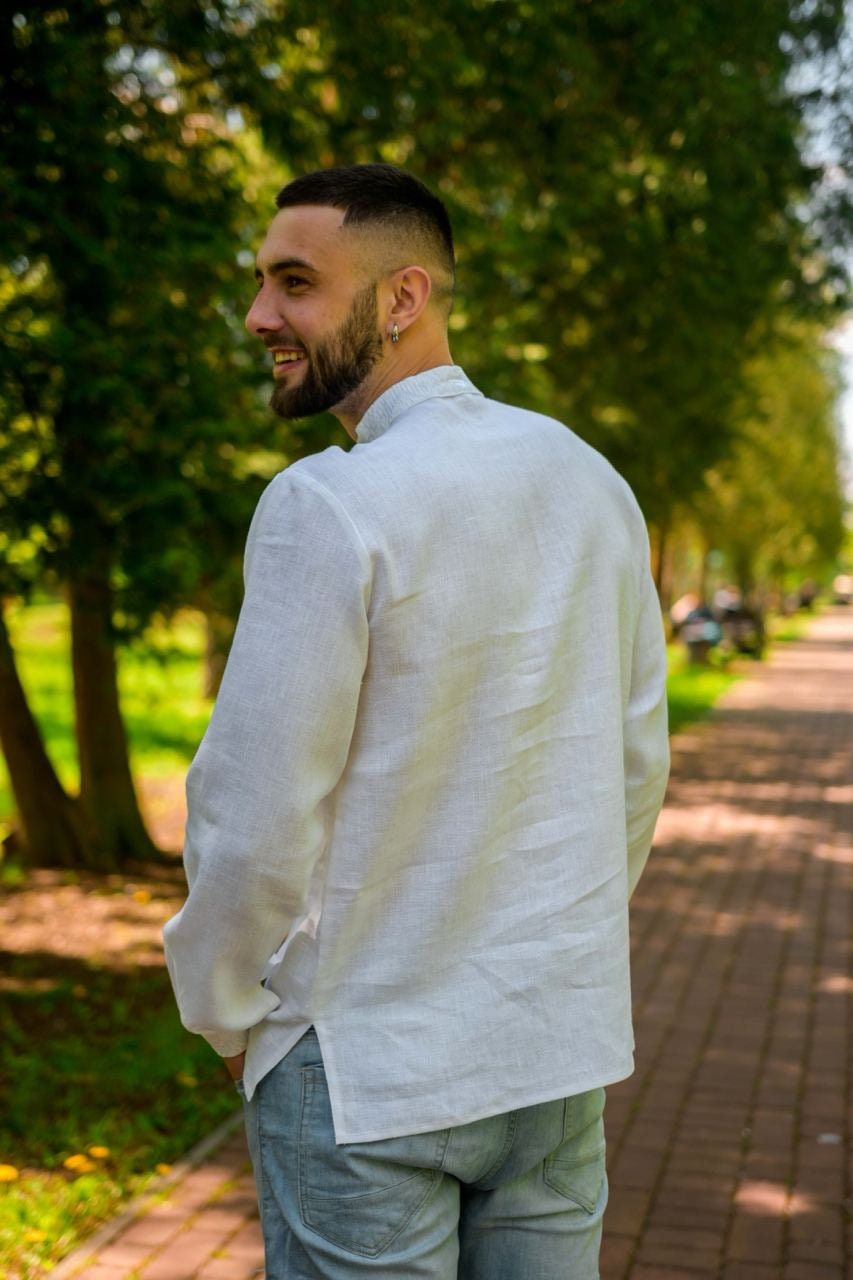 White Ukrainian Vyshyvanka - Embroidered Men's Shirt with Petrykiv Design