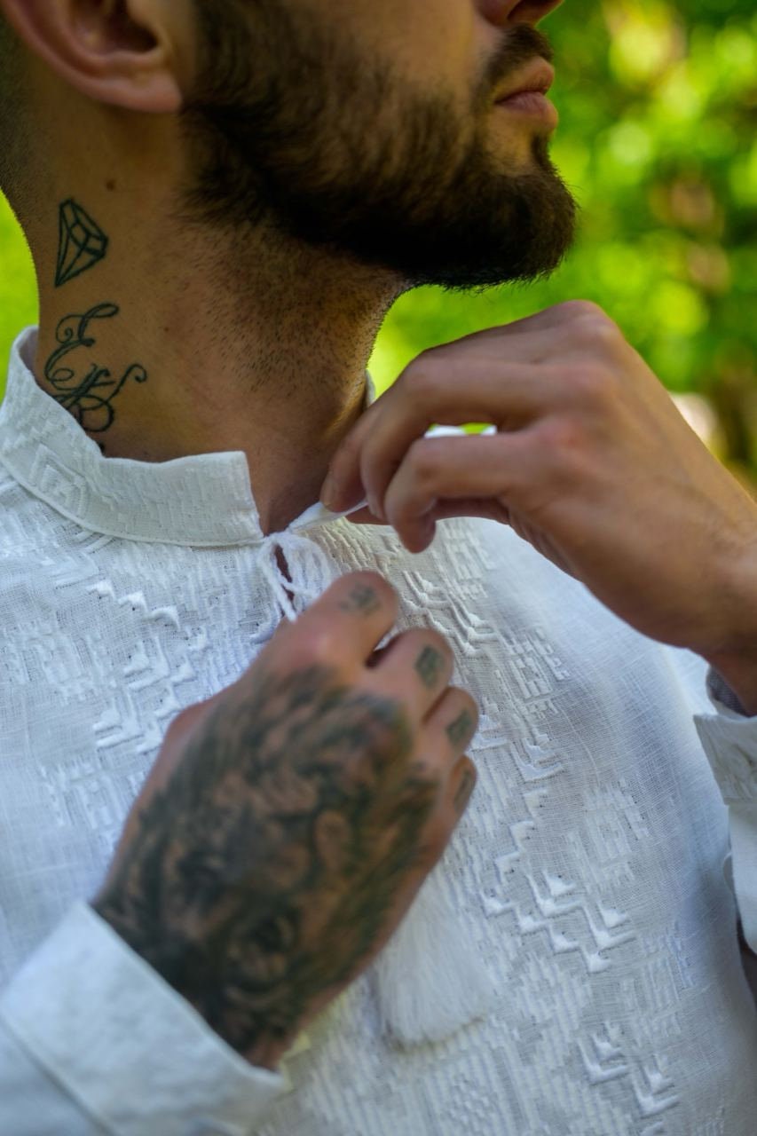 White Ukrainian Vyshyvanka - Embroidered Men's Shirt with Petrykiv Design