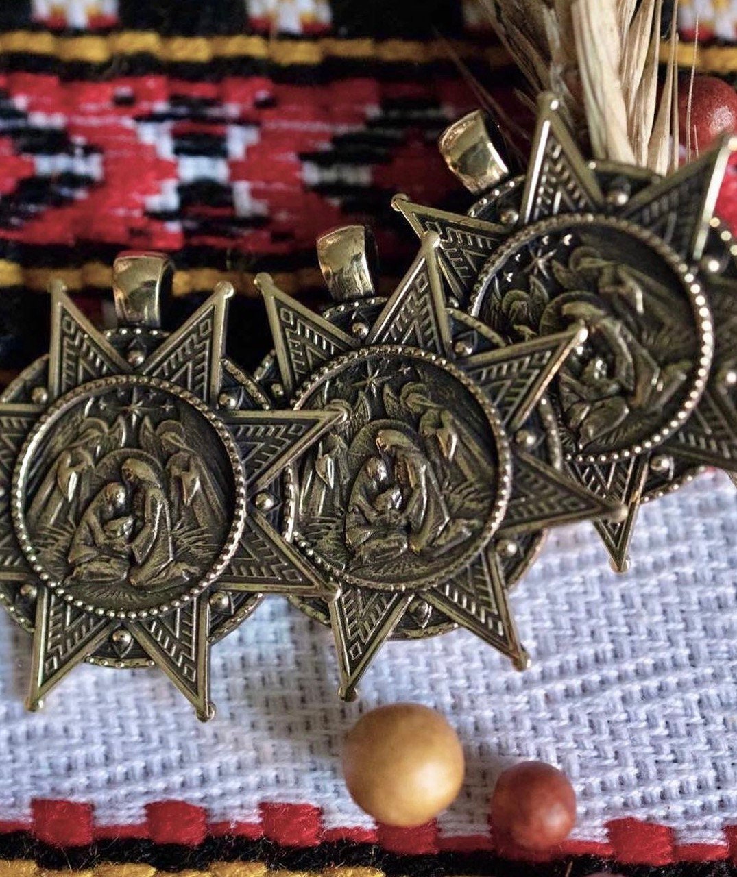 Ukrainian Dukach Christmas Star Pendant Necklace - Handmade Brass Ethnic Jewelry
