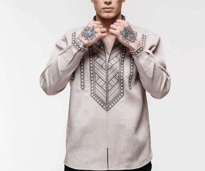 Beige Gray Men's Ukrainian Linen Vyshyvanka Shirt