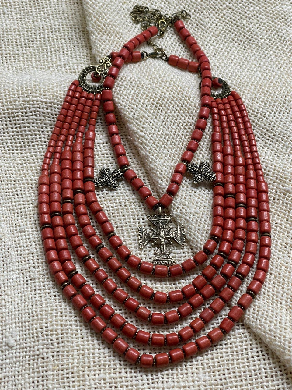 Red Ukrainian Traditional Ceramic Necklace with Antique Fireplace Beads and Cross