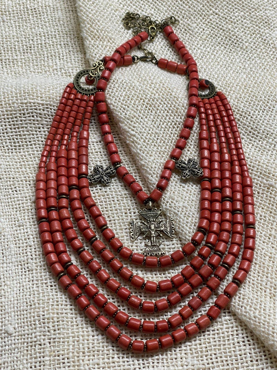 Red Ukrainian Traditional Ceramic Necklace with Antique Fireplace Beads and Cross