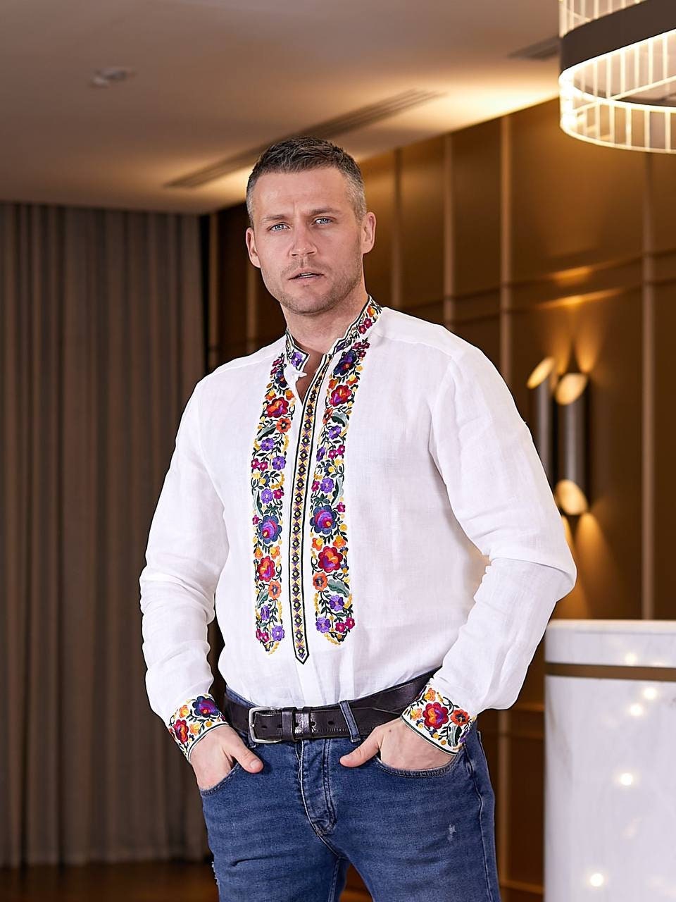 Ukrainian Men's Embroidered White Linen Vyshyvanka Shirt