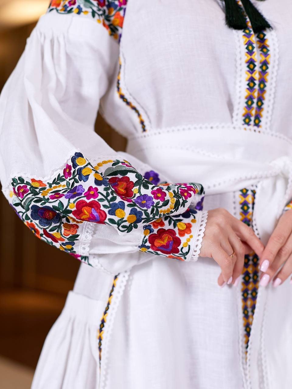 White Wedding Linen Dress with Red Ukrainian Vyshyvanka Embroidery - Boho Style