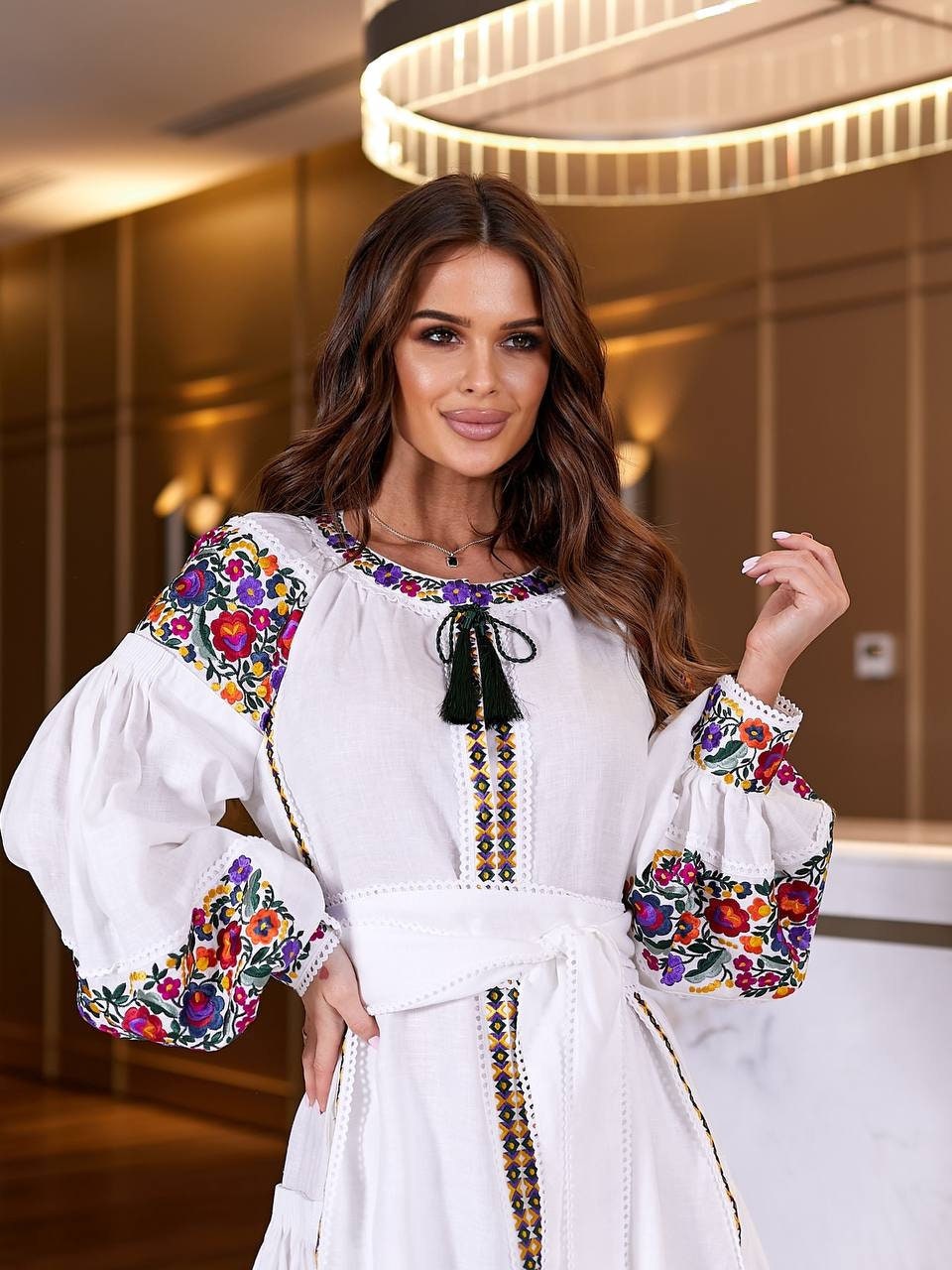 White Wedding Linen Dress with Red Ukrainian Vyshyvanka Embroidery - Boho Style