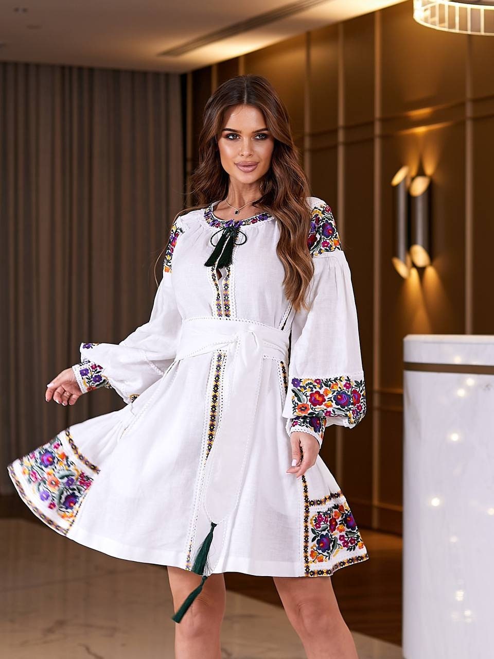 White Wedding Linen Dress with Red Ukrainian Vyshyvanka Embroidery - Boho Style