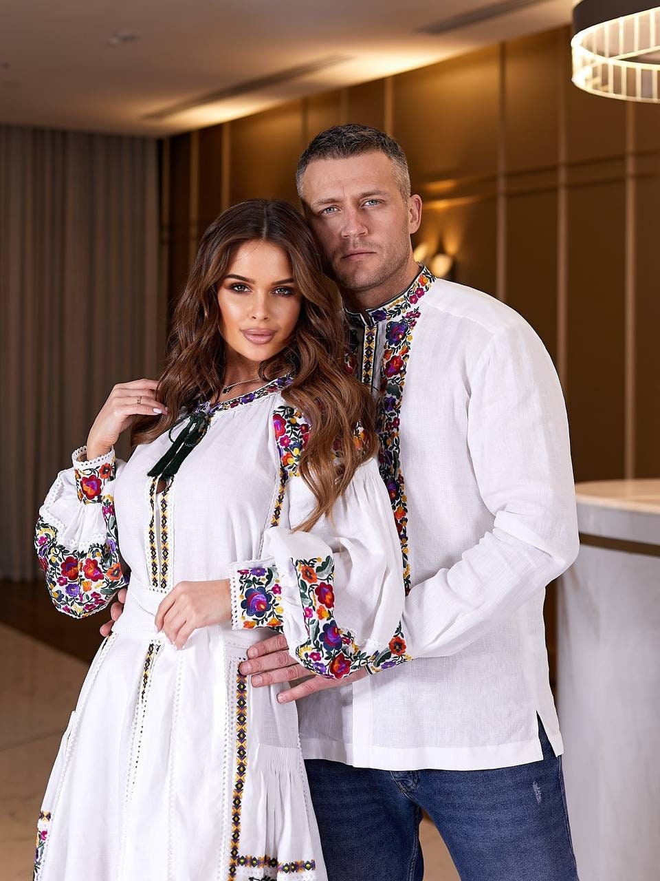White Ukrainian Vyshyvanka Dress and Shirt Set - Family Embroidered Blouse for Easter