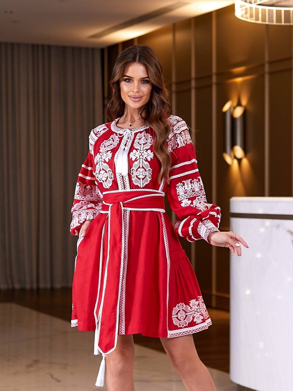 Red Linen Embroidered Ukrainian Vyshyvanka Dress - Ethnic Boho Caftan for Easter