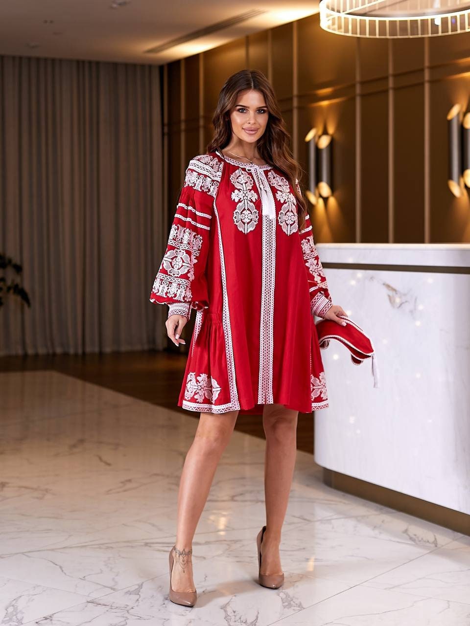 Red Linen Embroidered Ukrainian Vyshyvanka Dress - Ethnic Boho Caftan for Easter