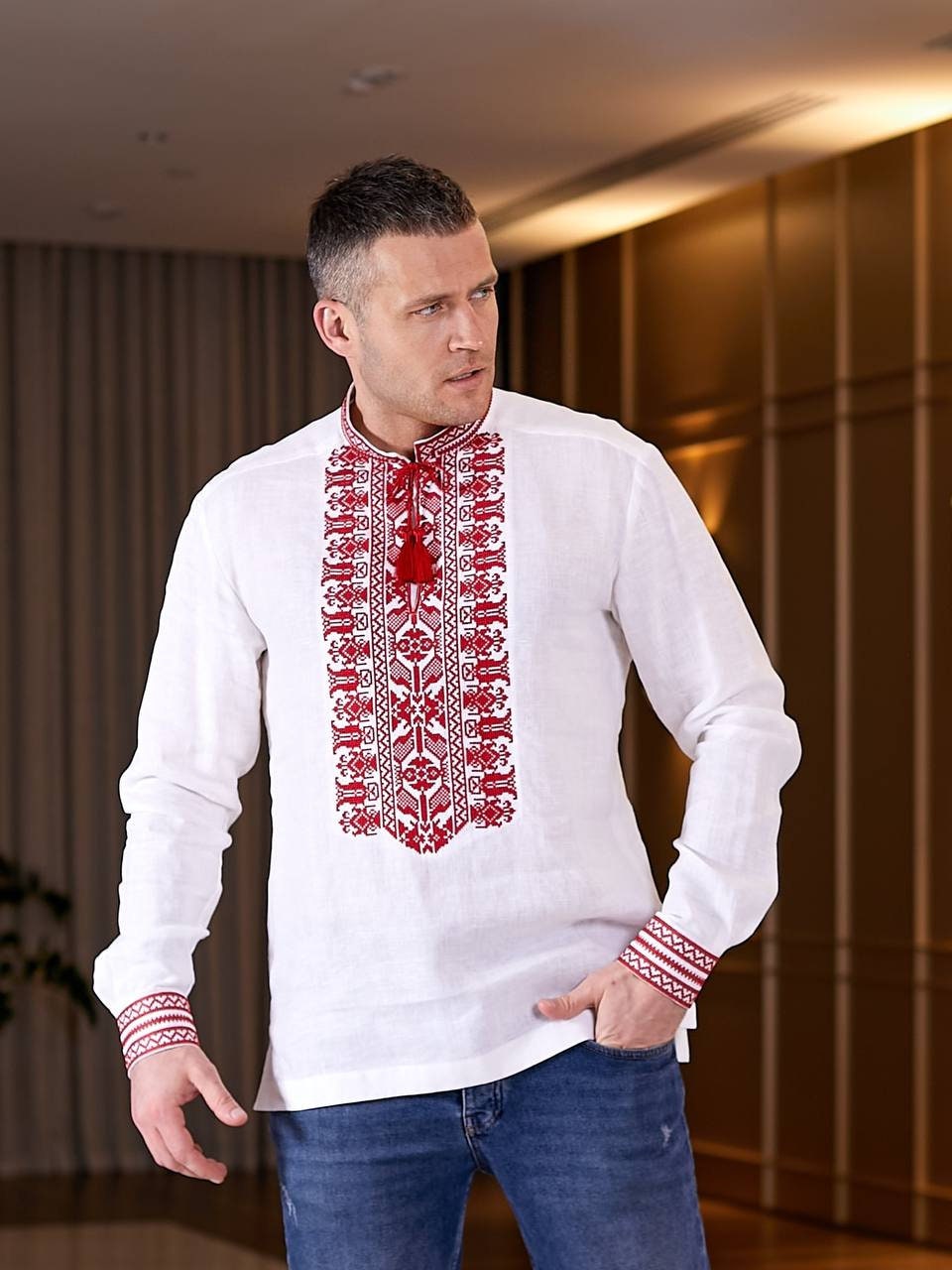 White Linen Vyshyvanka - Men's Embroidered Ukrainian Shirt