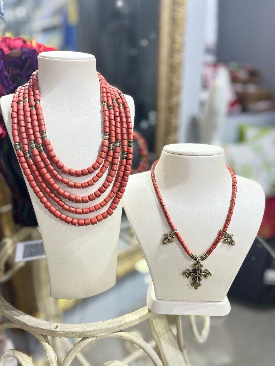 Red Ukrainian Traditional Cross Necklace - Ethnic Ceramics with Antique Fireplace Beads