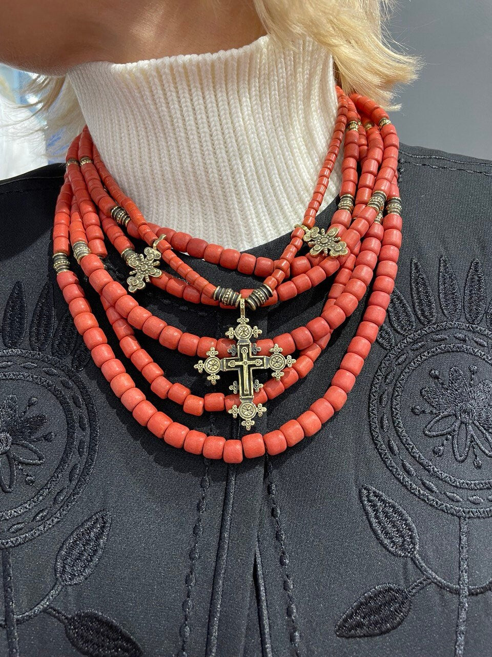 Red Ukrainian Traditional Cross Necklace - Ethnic Ceramics with Antique Fireplace Beads