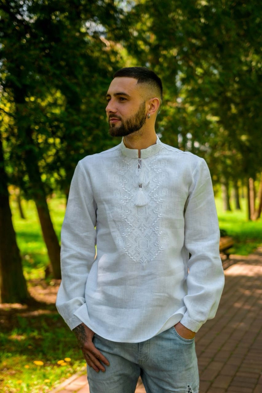 White Ukrainian Vyshyvanka - Embroidered Men's Shirt with Petrykiv Design