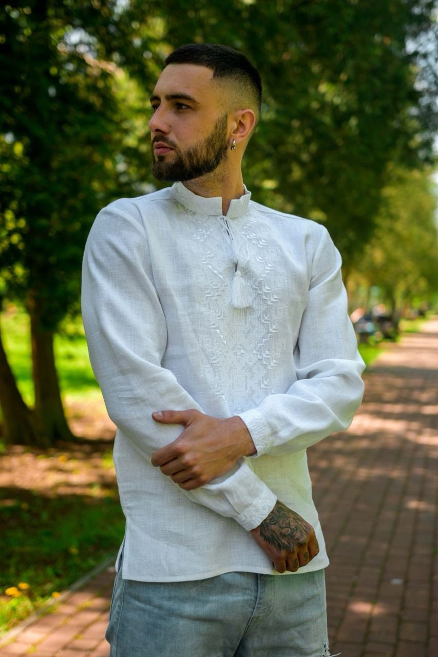 White Ukrainian Vyshyvanka - Embroidered Men's Shirt with Petrykiv Design
