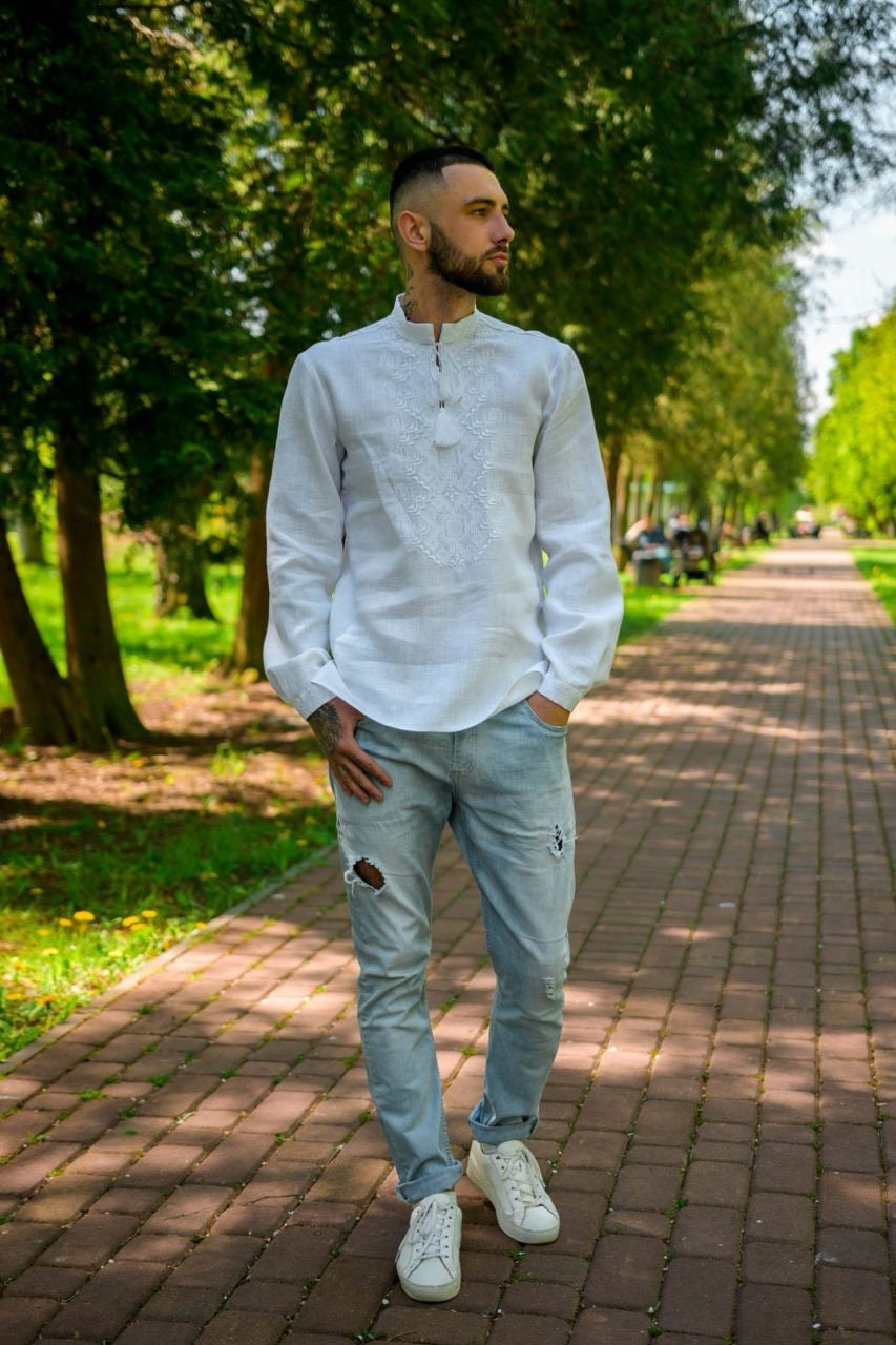 White Ukrainian Vyshyvanka - Embroidered Men's Shirt with Petrykiv Design