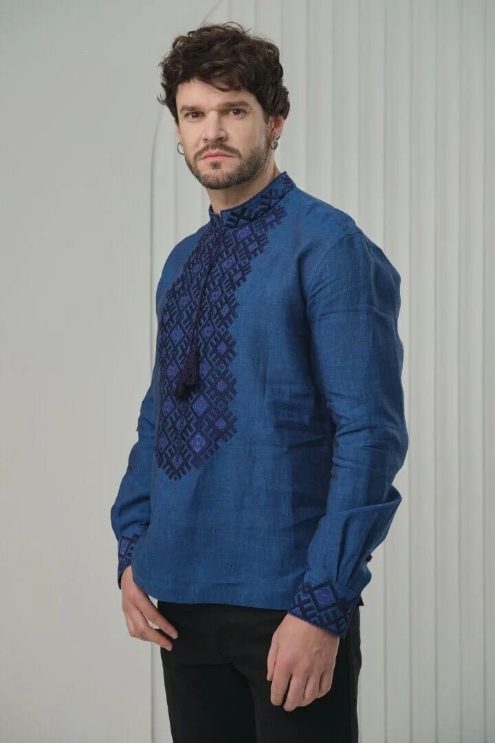 Men's Ukrainian Linen Vyshyvanka - Embroidered Blue Shirt