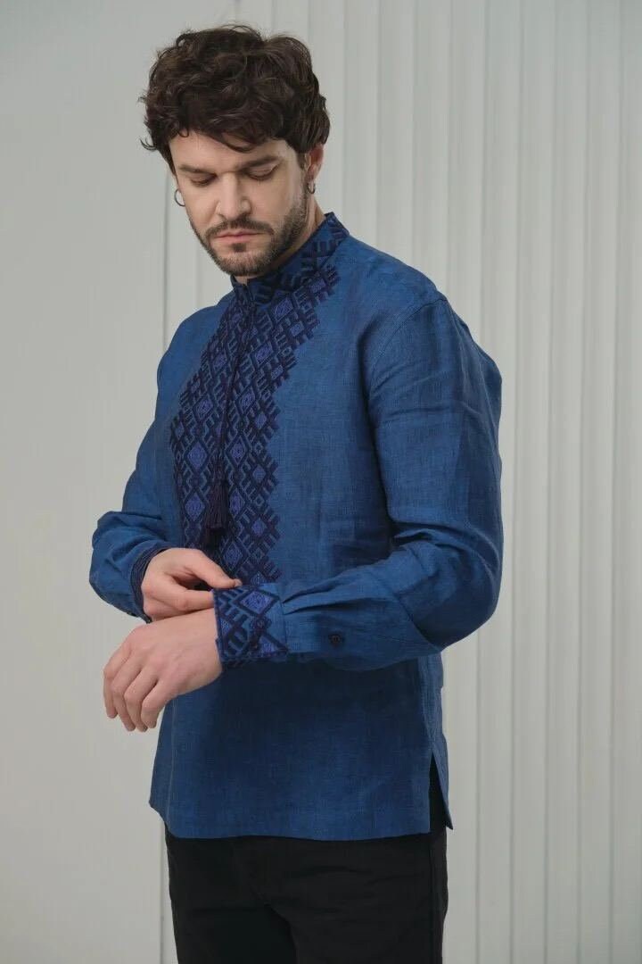 Men's Ukrainian Linen Vyshyvanka - Embroidered Blue Shirt