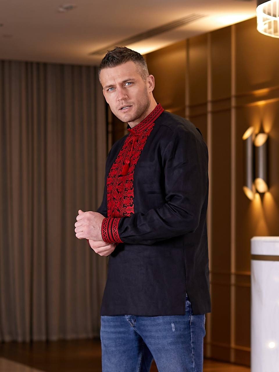Black Ukrainian Vyshyvanka Shirt for Men with Red Embroidery