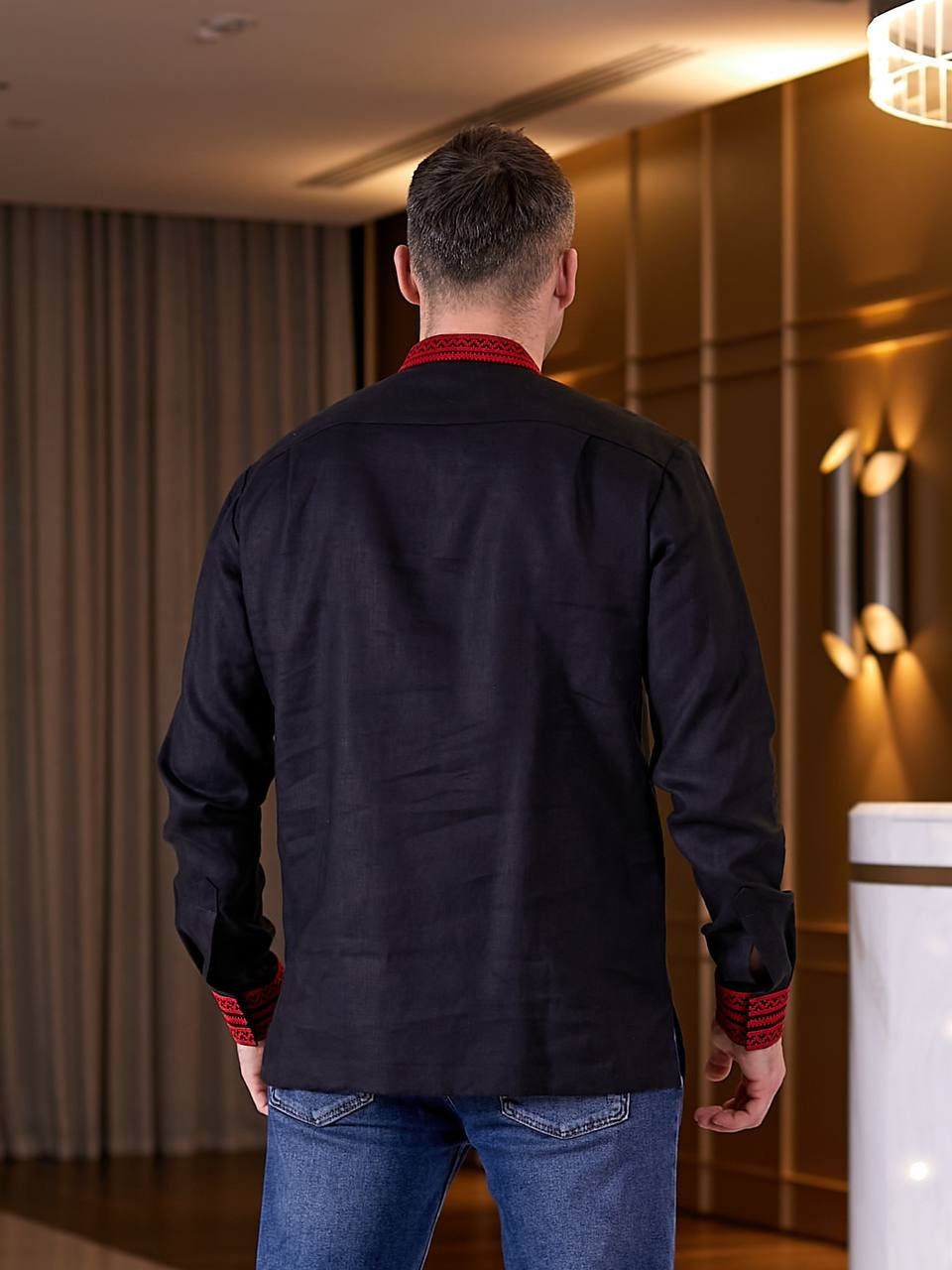 Black Ukrainian Vyshyvanka Shirt for Men with Red Embroidery