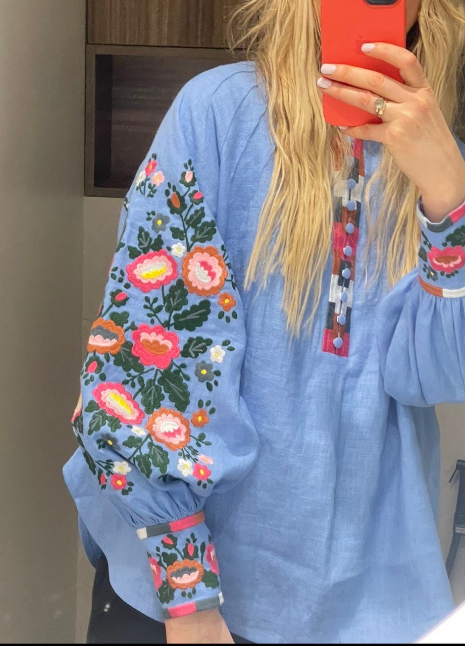 Dark Blue Linen Blouse - Ukrainian Vyshyvanka, Boho Embroidered Easter Style