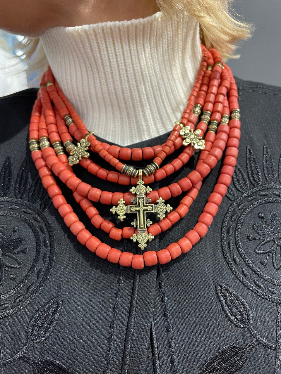 Red Ukrainian Traditional Cross Necklace - Ethnic Ceramics with Antique Fireplace Beads