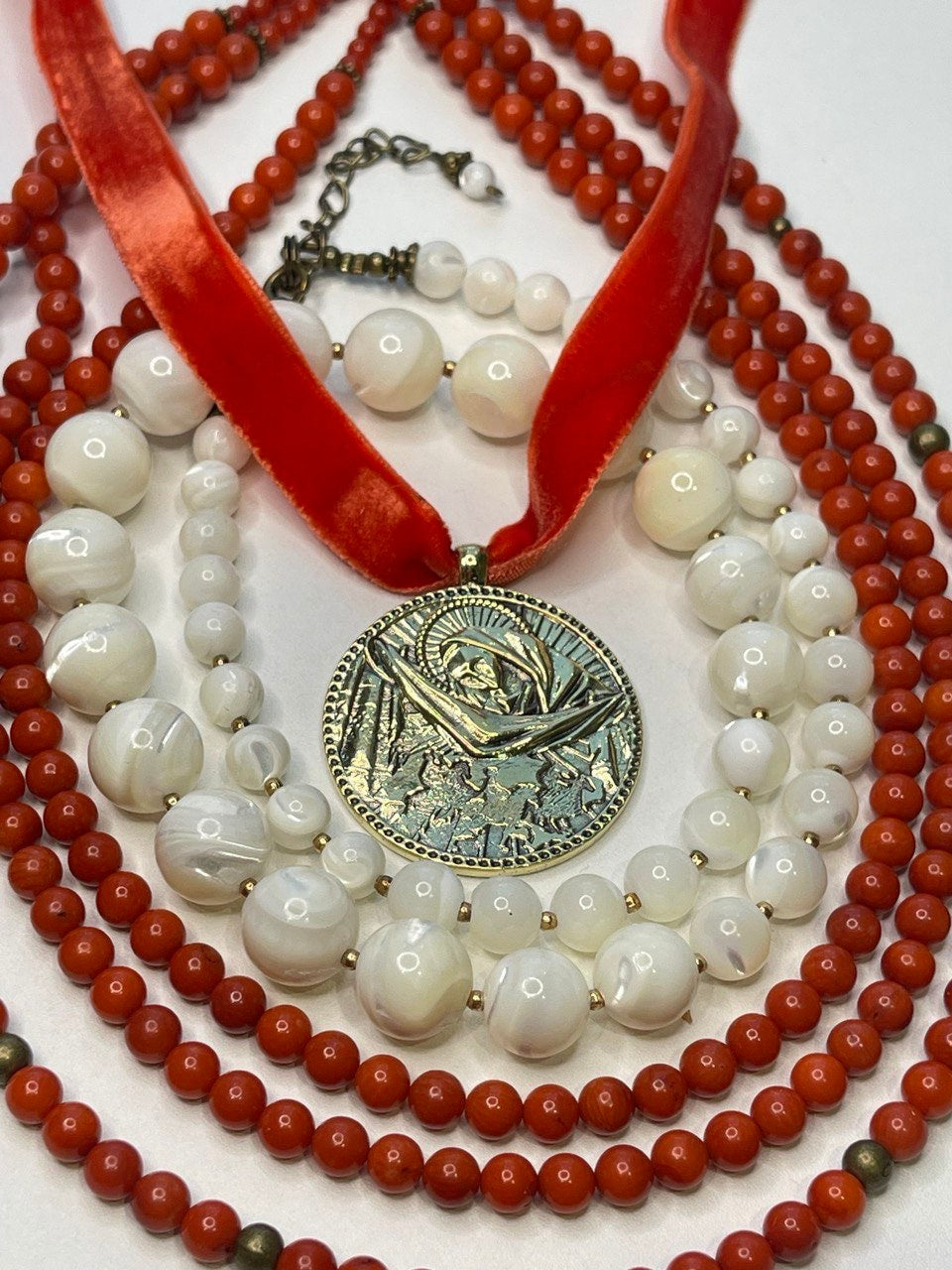 Red Natural Pressed Coral Necklace and Mother of God Pendant - Ukrainian Ethnic Accessory