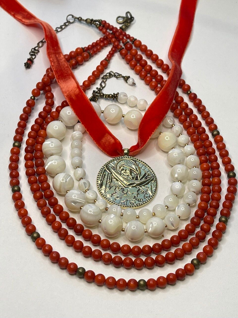 Red Natural Pressed Coral Necklace and Mother of God Pendant - Ukrainian Ethnic Accessory