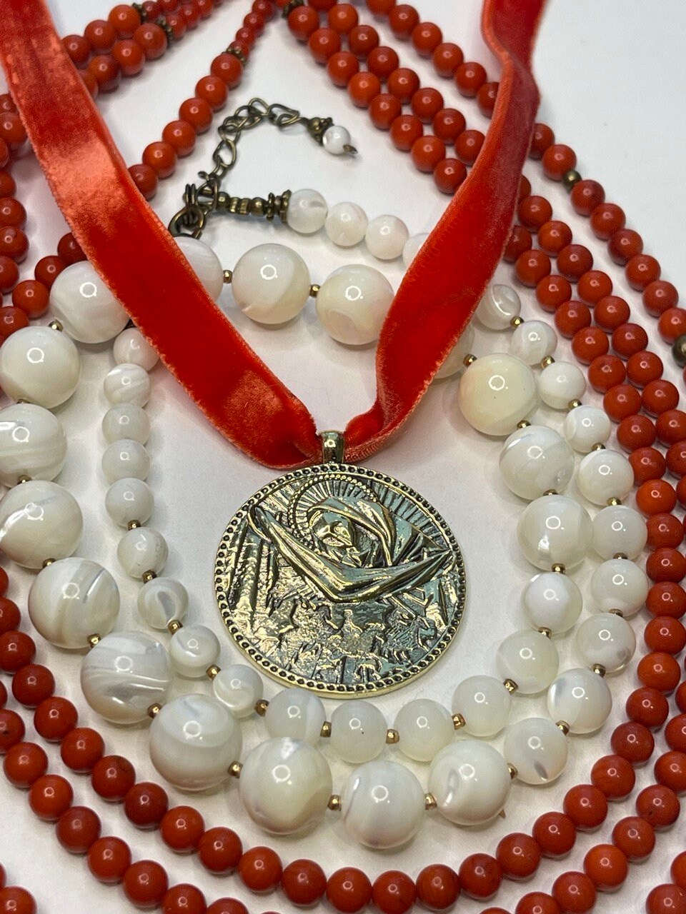 Red Natural Pressed Coral Necklace and Mother of God Pendant - Ukrainian Ethnic Accessory