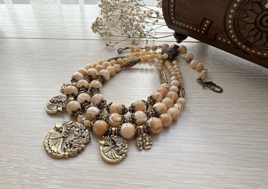 2025 Beige Ukrainian Traditional Fire Bird Pearl Necklace - Ethnic Jewelry