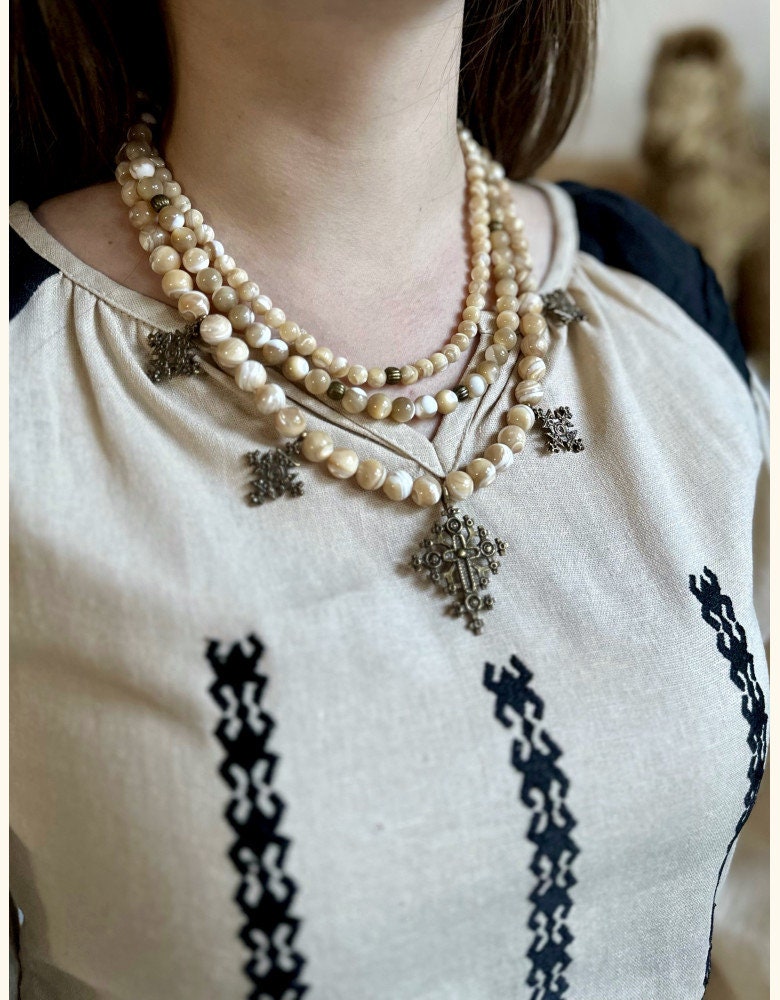 Ukrainian Traditional Three-String Balamut Necklace with Brass Crosses
