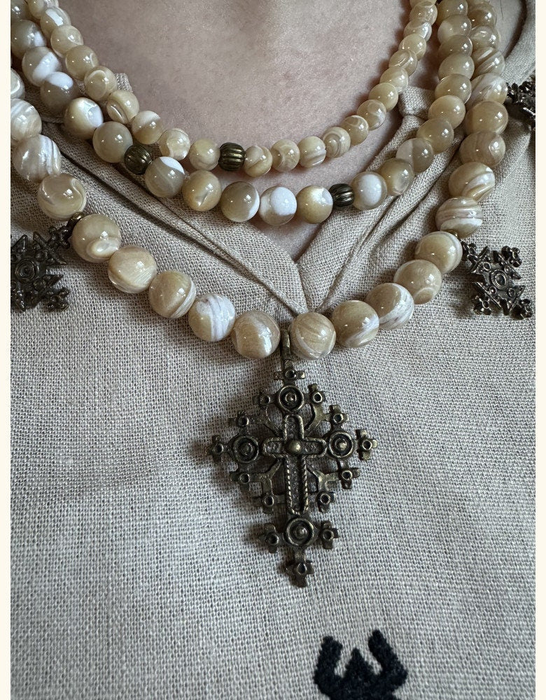 Ukrainian Traditional Three-String Balamut Necklace with Brass Crosses