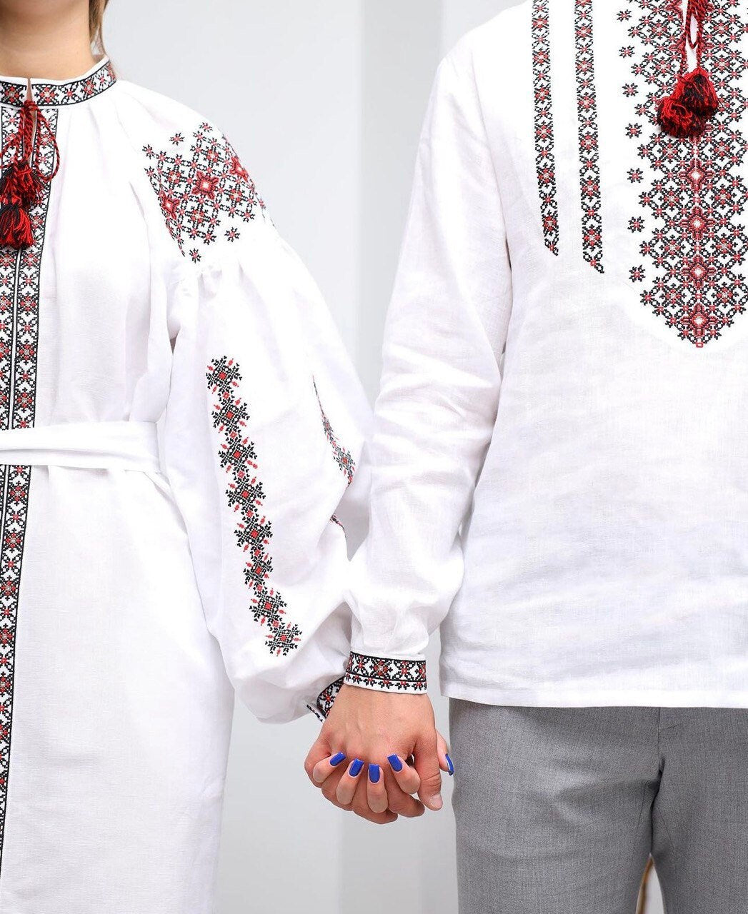 White Wedding Linen Dress with Ukrainian Vyshyvanka Red Embroidery – Boho Style for Mother's Day 2024