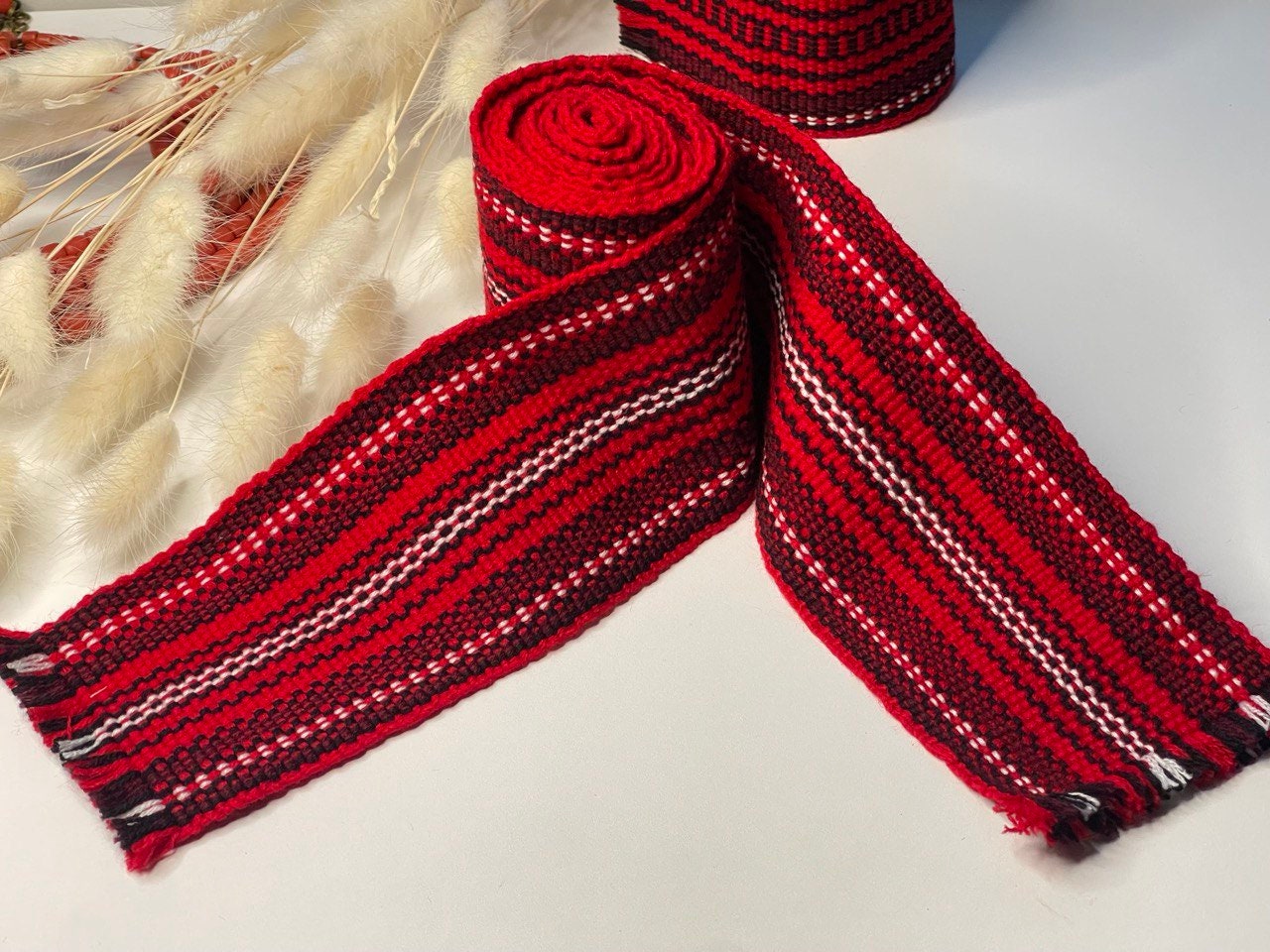Red Ukrainian Krajka Hutsul Woven Sash Belt - Ethnic Slavic Kushak for Sharovary