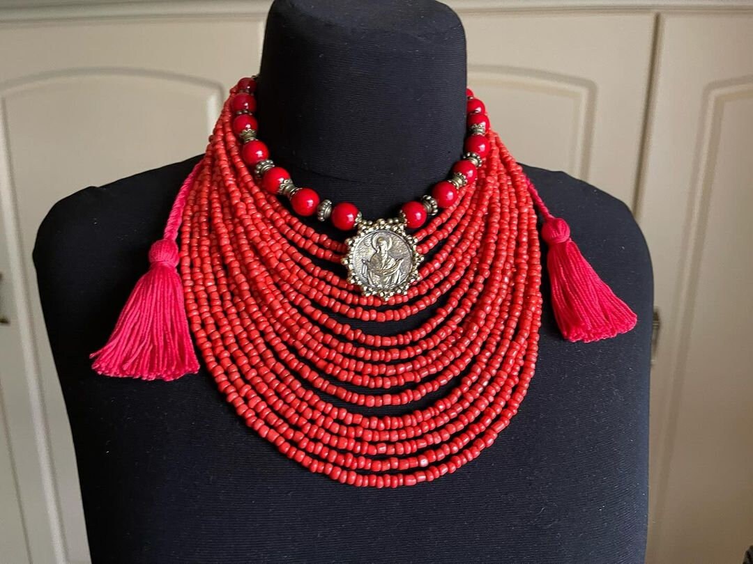 Red Ukrainian Traditional Multirow Necklace with Antique Fireplace Beads