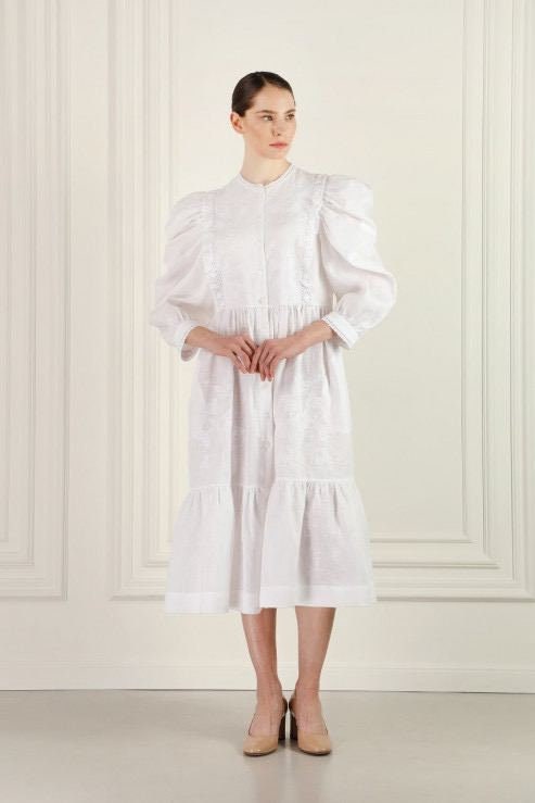 White Ukrainian Embroidered Linen Dress - Limited Edition Stylish Boho Design with Unique Embroidery