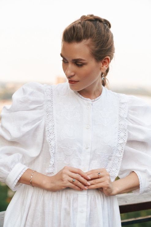 White Ukrainian Embroidered Linen Dress - Limited Edition Stylish Boho Design with Unique Embroidery
