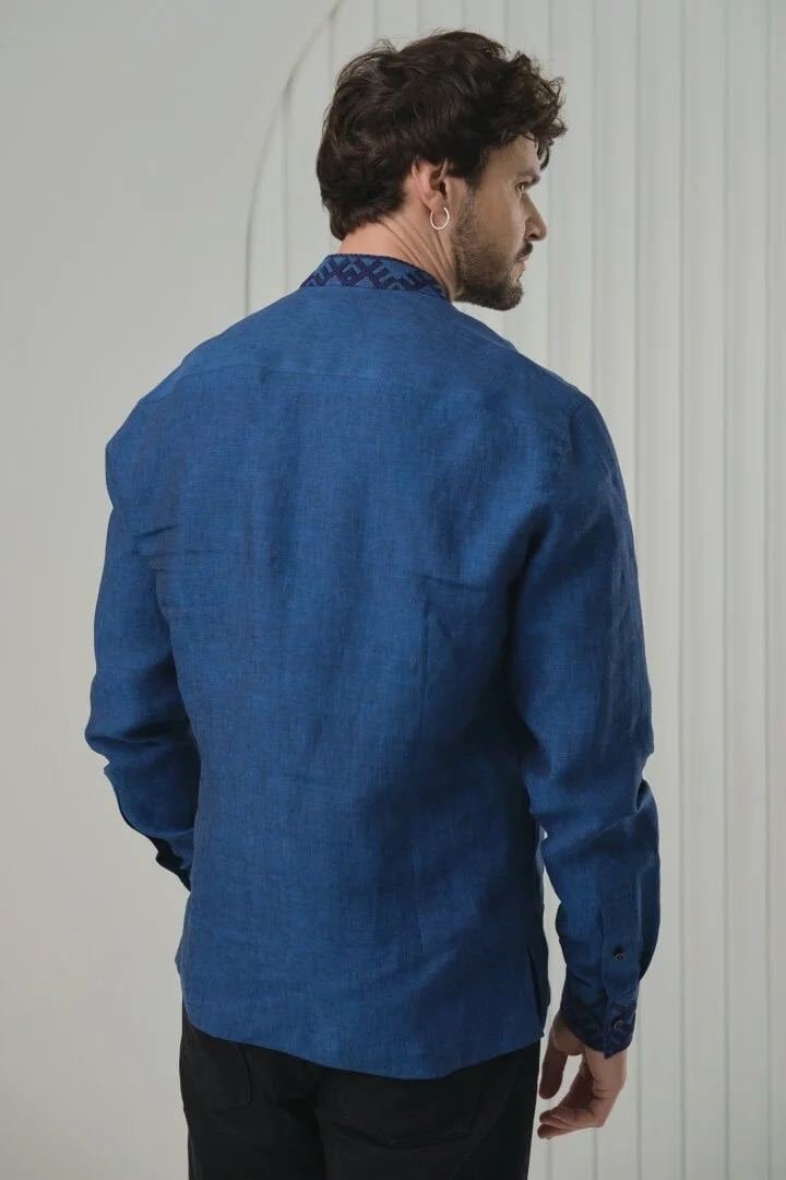 Men's Ukrainian Linen Vyshyvanka - Embroidered Blue Shirt
