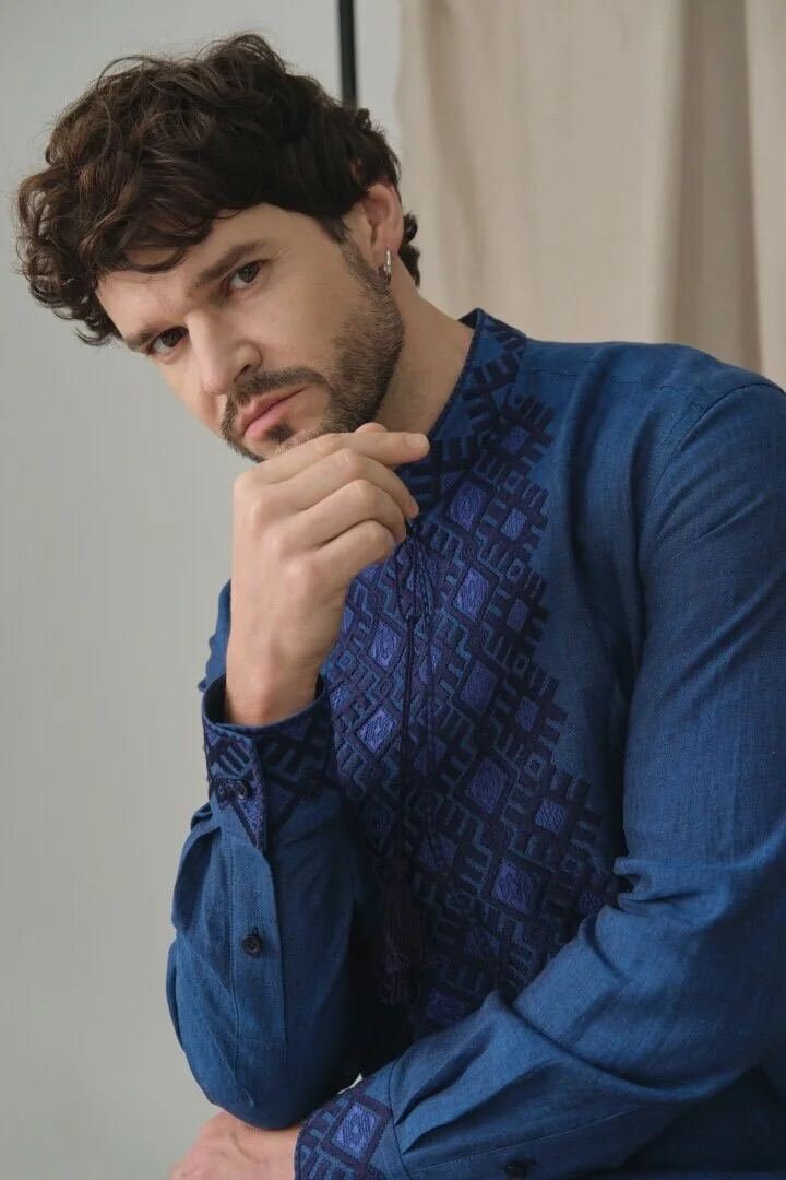 Men's Ukrainian Linen Vyshyvanka - Embroidered Blue Shirt