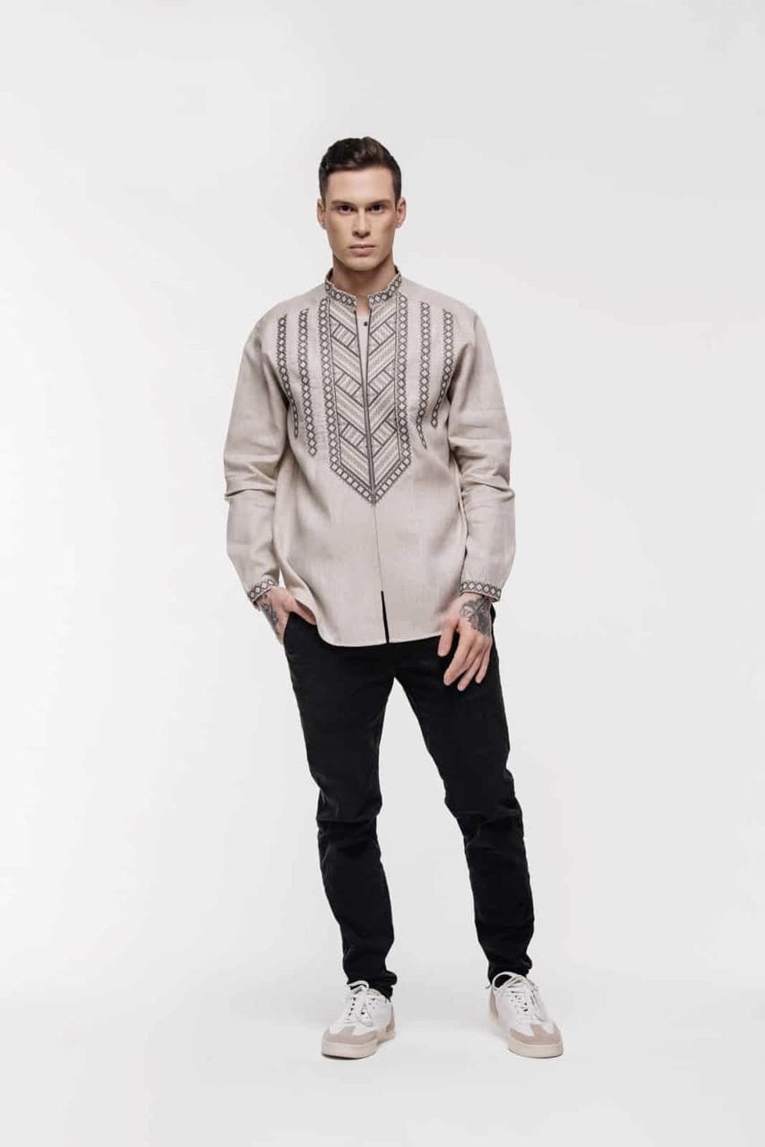 Beige Gray Men's Ukrainian Linen Vyshyvanka Shirt
