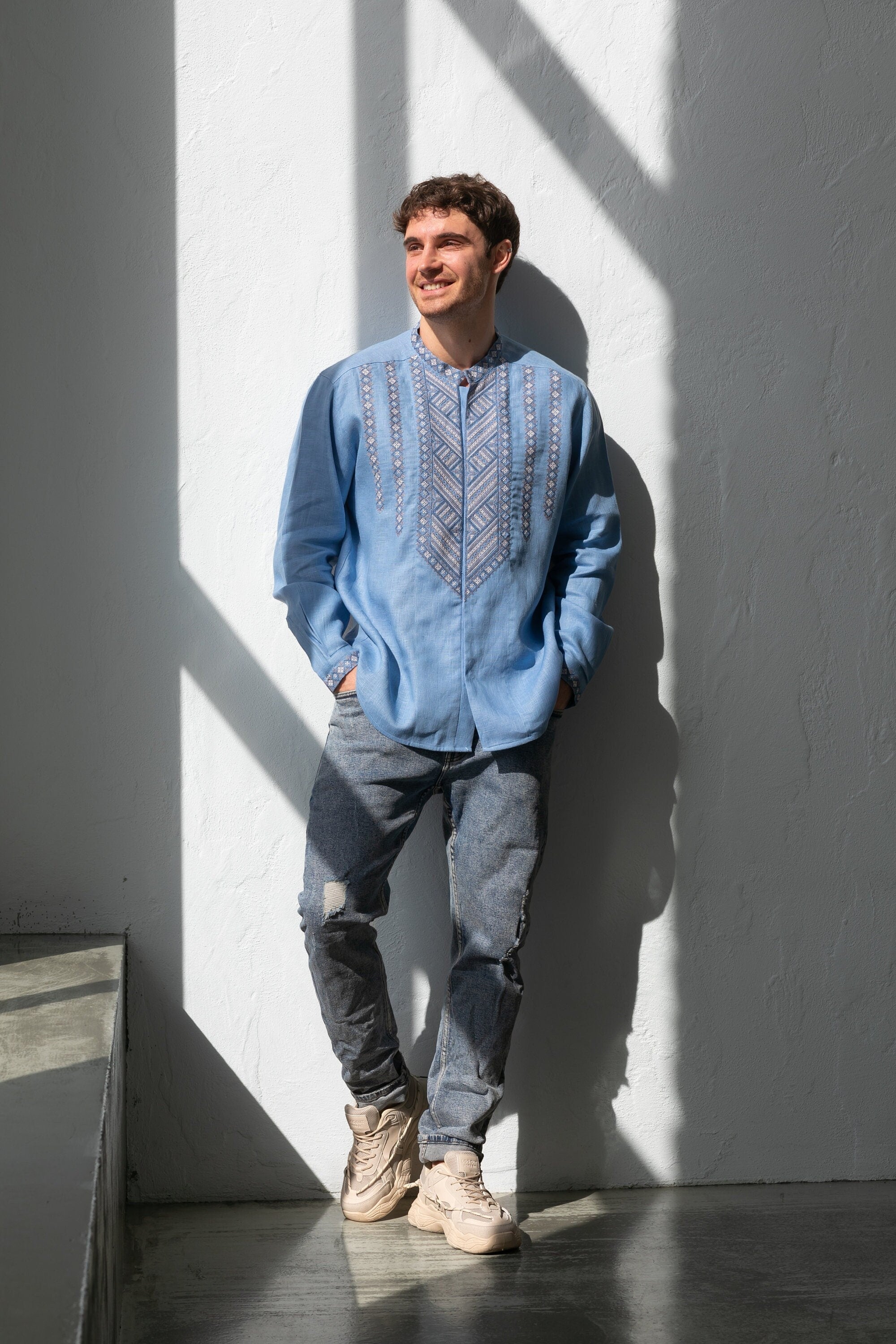 Blue Linen Embroidered Ukrainian Vyshyvanka for Men - Traditional Easter Shirt