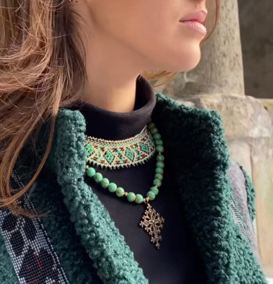 Turquoise Howlite Cross Necklace - Ukrainian Ethnic Jewelry Set
