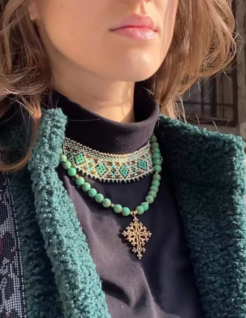 Turquoise Howlite Cross Necklace - Ukrainian Ethnic Jewelry Set