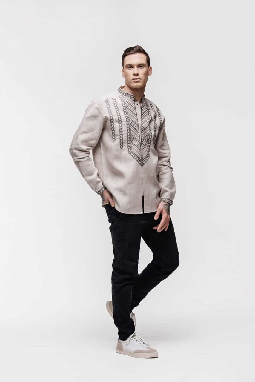 Beige Gray Men's Ukrainian Linen Vyshyvanka Shirt